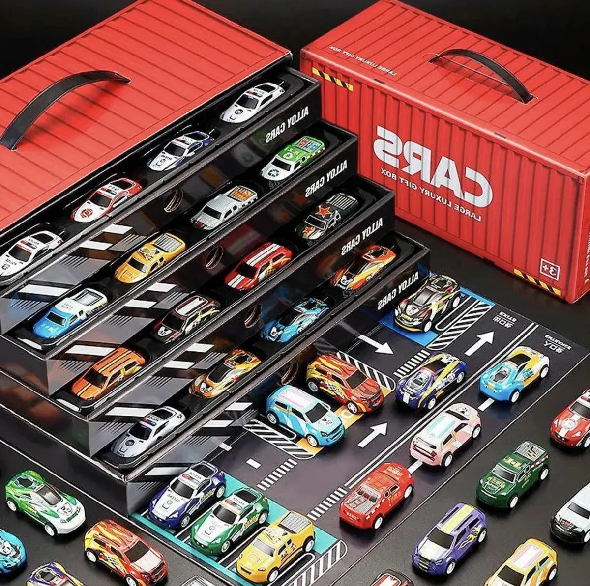 Kit 48 Mini Carrinhos de Metal com Container