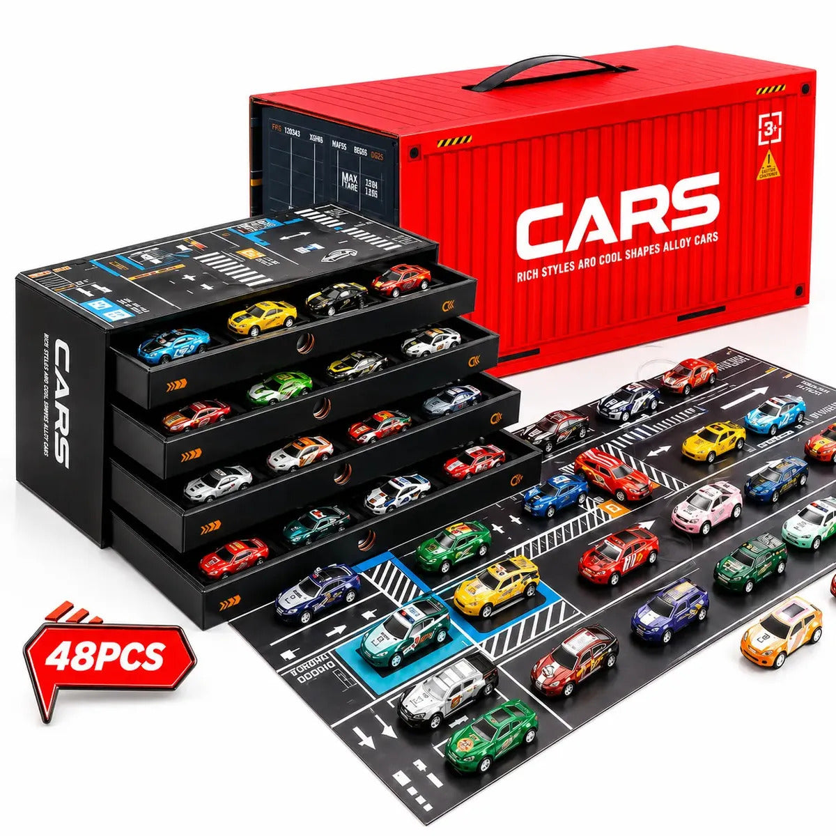 Kit 48 Mini Carrinhos de Metal com Container