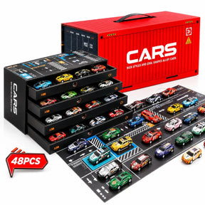 Kit 48 Mini Carrinhos de Metal com Container