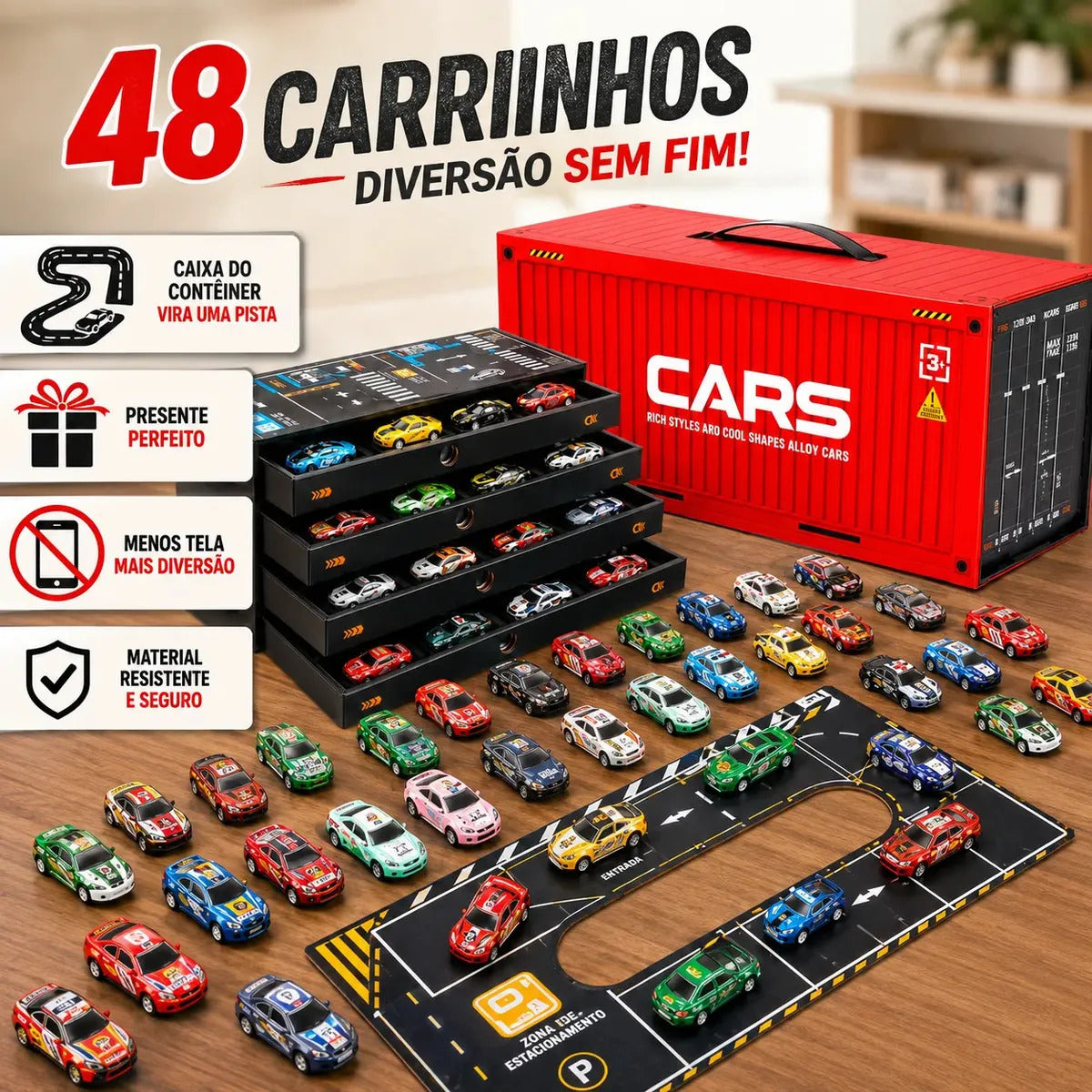 Kit 48 Mini Carrinhos de Metal com Container