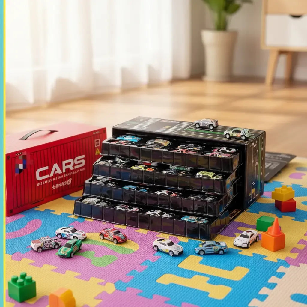 Kit 48 Mini Carrinhos de Metal com Container