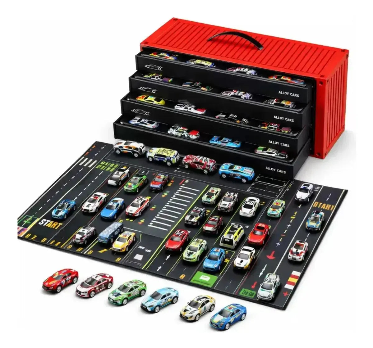 Kit 48 Mini Carrinhos de Metal com Container