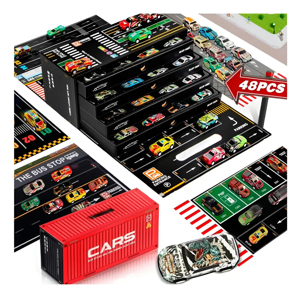 Kit 48 Mini Carrinhos de Metal com Container