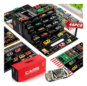 Kit 48 Mini Carrinhos de Metal com Container